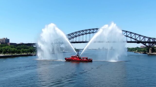 A bright red fireboat sprays powerful jets of water into a clear blue sky with a large metal bridge in the background