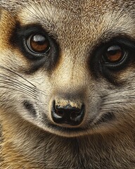 Hyper realistic close up of meerkat face with lifelike fur and sharp expressive eyes in wildlife portrait detail
