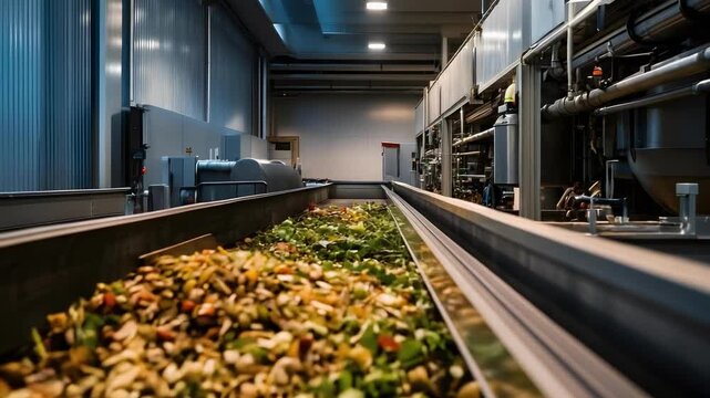 Conveyor belt carrying mixed organic waste (fruit and vegetable scraps) through an industrial waste processing facility.