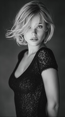 Woman with blonde hair and a black lace top poses for a black and white photo. The photo has a moody and dramatic feel to it, with the woman's hair blowing in the wind
