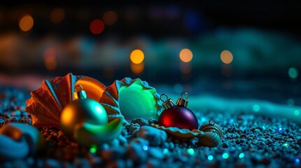 Seashells with Christmas ornaments and ocean waves