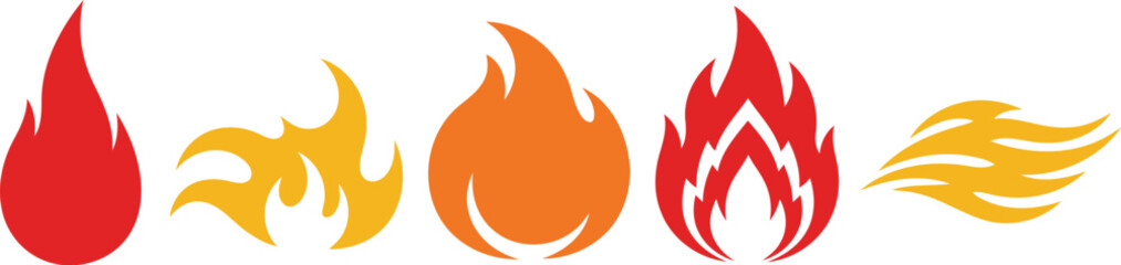 Five stylized flame icons of various shapes and colors are aligned horizontally. 