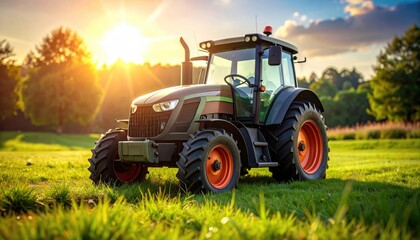 Obraz premium Agricultural Tractor Standing on Lush Green Meadow at Sunset