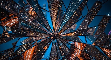 Cityscape reflections in fragmented panels creating an abstract urban kaleidoscope at night highlighting the dynamic