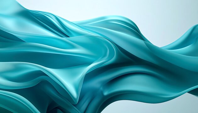 Dynamic abstract art featuring flowing turquoise fabric, elegantly rippling with soft light and shadows against a white backdrop
