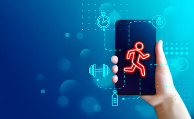 Hand holding phone with fitness icons and running figure image
