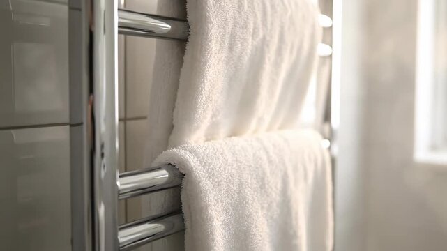 Towel Hangs on a Chrome Heated Rack in a Bright Bathroom Next to a Window During the Day