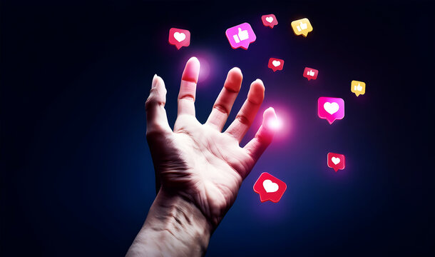 Hand reaching for glowing social media likes and hearts pink