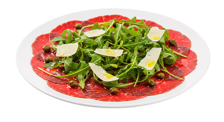 Beef carpaccio with arugula and parmesan isolated on transparent background