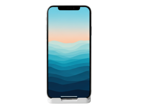 Modern smartphone mockup with ocean wallpaper isolated on transparent background