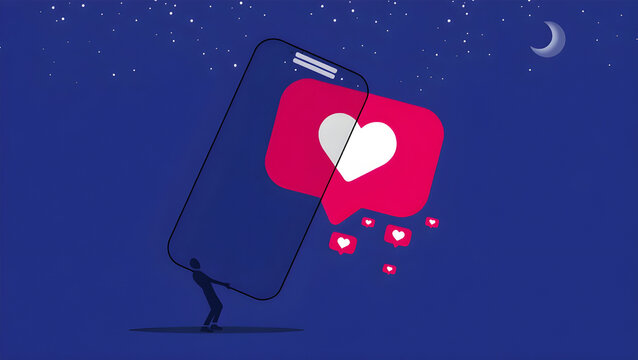 Person pulling large phone with hearts at night image - Powered by Adobe