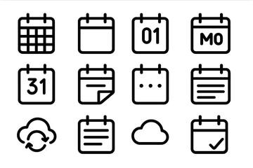 Set of calendar icons featuring minimalist black linear design with week, day, and month variations