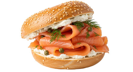 Bagel with smoked salmon and cream cheese isolated on transparent background