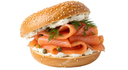 Bagel with smoked salmon and cream cheese isolated on transparent background