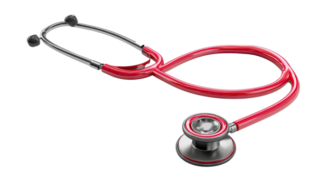 Red medical stethoscope with metal chest piece diagnostic tool for healthcare isolated on white background