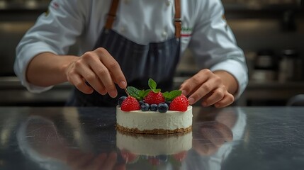 Chef decorating gourmet dessert with fresh berries and mint