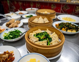 Steamed dumplings and various Asian dishes