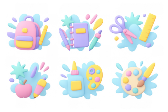 Colorful pastel school supplies set with fun 3d clay look for creative projects