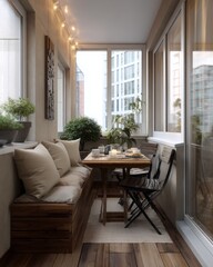 Fototapeta premium A cozy, sun-drenched balcony dining area features a rustic wooden bench, table, and chairs, bathed in natural light.