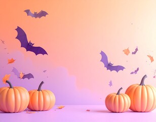 Generated image　紫色の空を背景にかぼちゃとコウモリが描かれた、幻想的なハロウィンイラスト