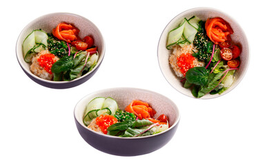 Poke bowl with salmon and caviar. transparent