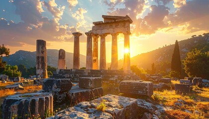 Ancient Ruins at Sunset with Stone Columns and Warm Sunlight in a Mountainous Landscape