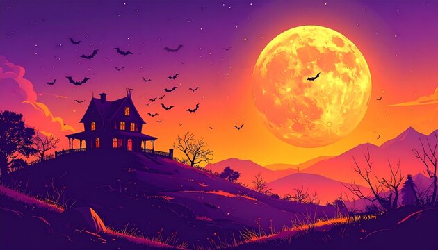 Generated image　満月に照らされたお化け屋敷とコウモリが飛ぶ、不気味で幻想的なハロウィンの夜のイラスト