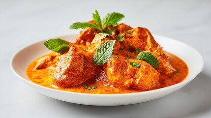 Delicious and vibrant chicken curry dish with fresh mint on a white plate