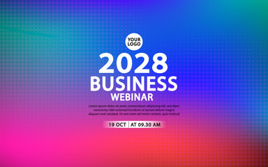 Business webinar banner template for a 2028 event. Features a digital pixel grid texture over a colorful abstract gradient background. For corporate presentations, tech conferences, or online seminars