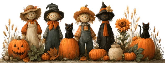 Pumpkin patch row with scarecrows, black cats, jack-o-lanterns, and autumn leaves, isolated on white