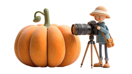 Pumpkin photographer with camera and tripod, isolated on white