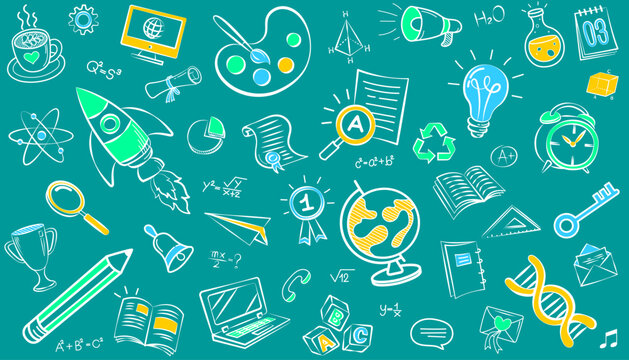 Education doodle background with science and school icons. Creative hand-drawn vector pattern for a back to school theme, e-learning, and classroom design. Seamless texture for a website or presentati