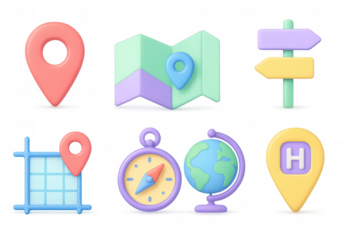 Colorful 3d map and navigation icons with globe, compass, and location markers