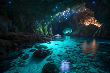 Obraz premium Mysterious underwater cave glowing with bioluminescent algae, surreal marine ecosystem, natural wonder and magical aquatic hidden ocean sanctuary