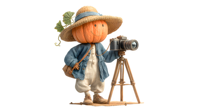 Pumpkin photographer with camera and tripod, isolated on white