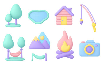 Pastel camping icons featuring nature, adventure, and recreation elements in 3d style