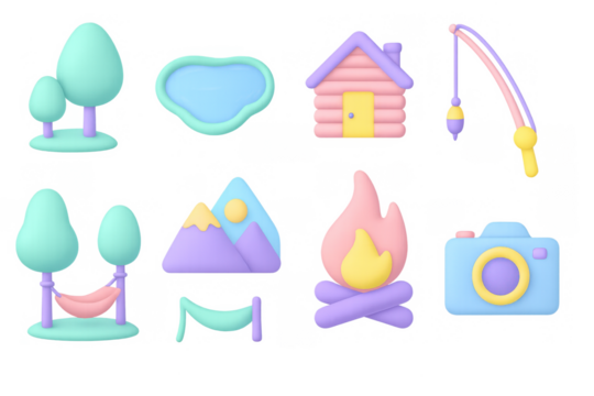 Pastel camping icons featuring nature, adventure, and recreation elements in 3d style