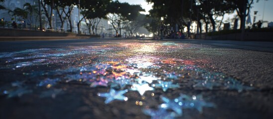 Glittering stars scatter across an avenue, city lights blurred in distance