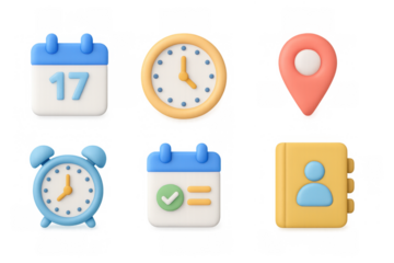 Colorful 3d icons set featuring calendars, clocks, and location marker
