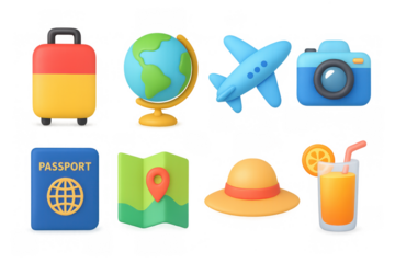 Travel-themed 3d icons: globe, plane, and more