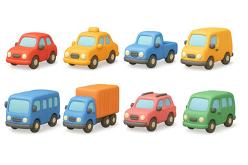Cute 3d cartoon vehicles set with vibrant colors and playful design