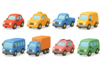 Cute 3d cartoon vehicles set with vibrant colors and playful design