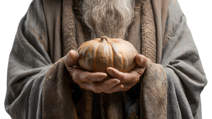 Pumpkin wizard holding glowing crystal ball, isolated on white