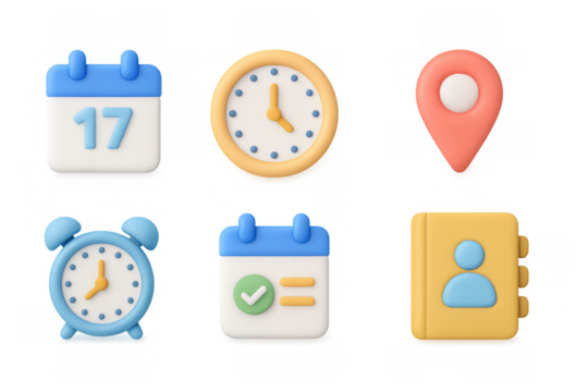 Colorful 3d icons set featuring calendars, clocks, and location marker
