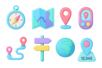 Colorful 3d navigation and map icons with compass, globe, and location markers