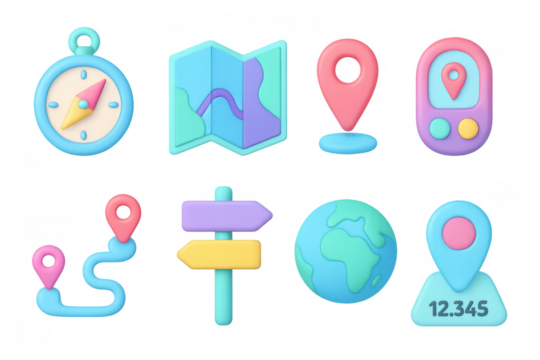 Colorful 3d navigation and map icons with compass, globe, and location markers