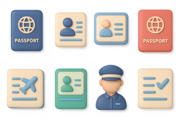 3d icon set featuring passport, id cards, airplane, and officer figures