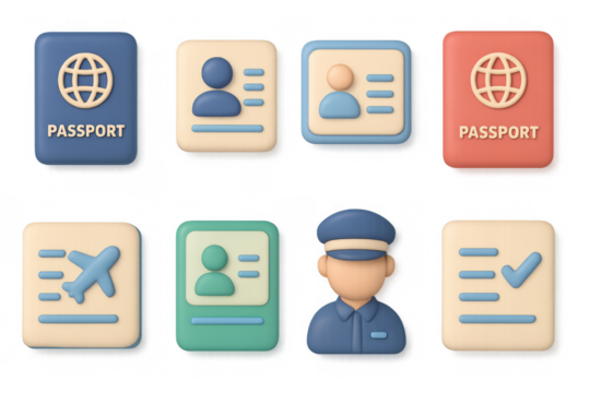 3d icon set featuring passport, id cards, airplane, and officer figures