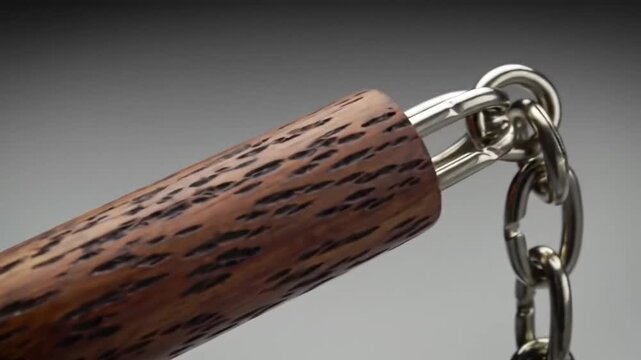 A close-up of wooden nunchucks connected by a metal chain, set against a neutral background