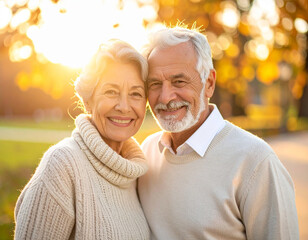 Elderly couple smiling in park during golden hour